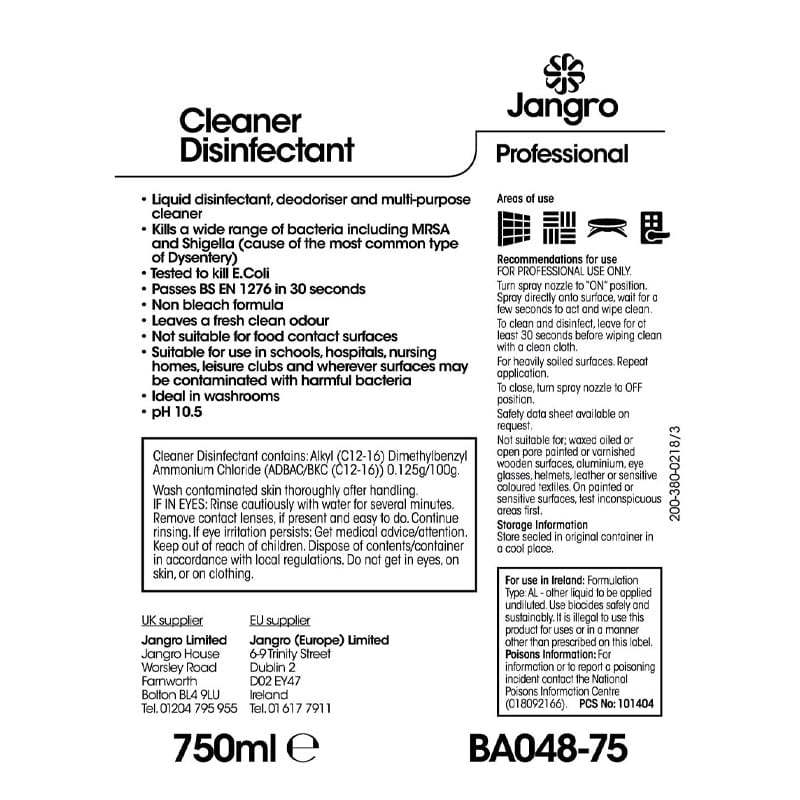 Jangro cleaner disinfectant 750ml label