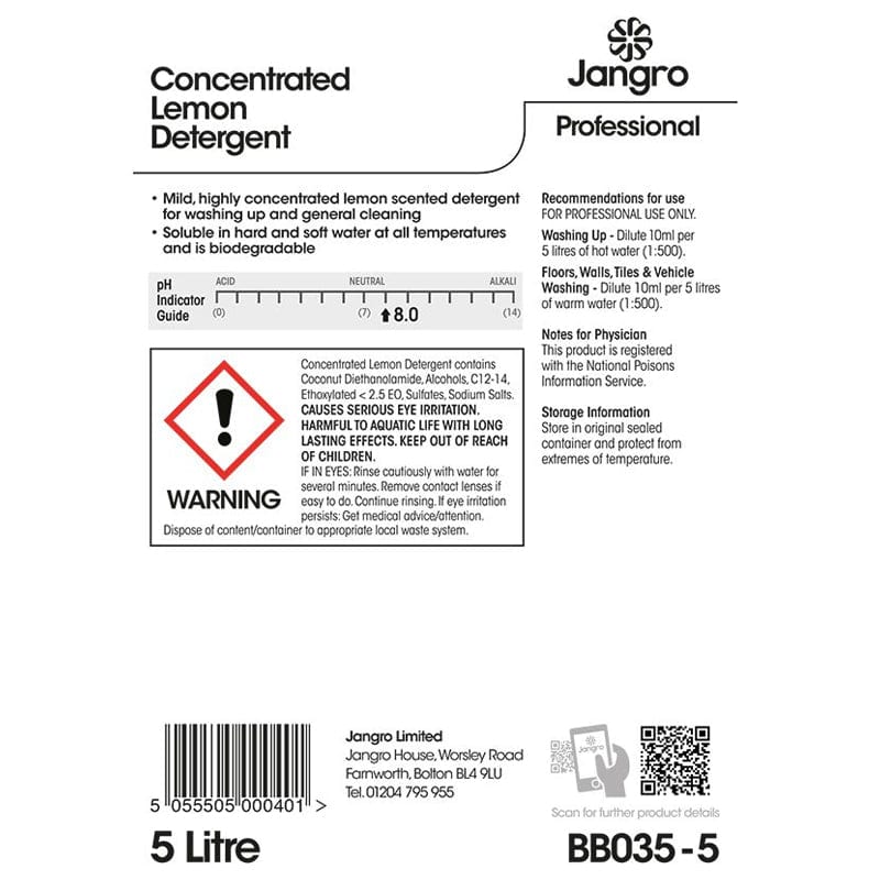 jangro concerntrated lemon detergent 5l label