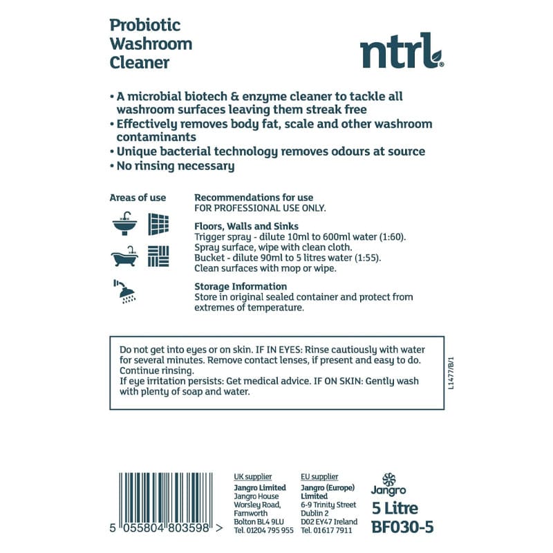 Jangro ntrl probiotic 5l washroom cleaner label