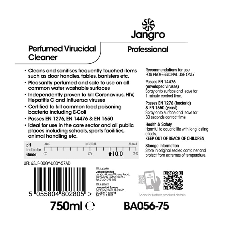 Perfumed virucidal cleaner product label