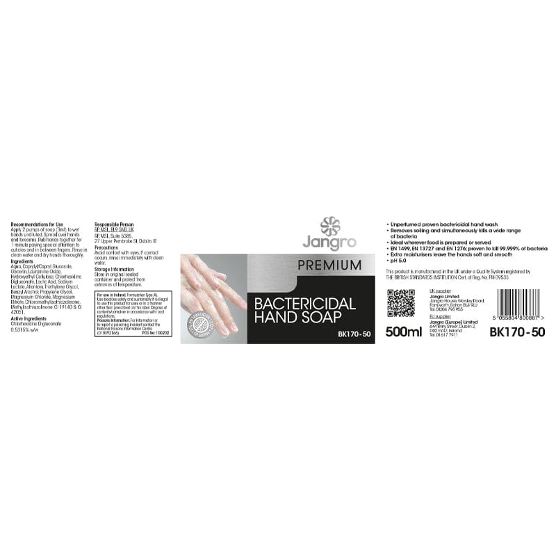 Jangro premium bactericidal hand soap 500ml label