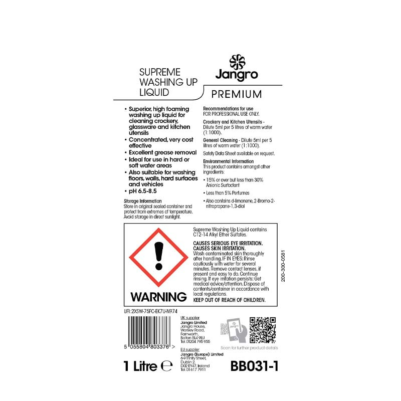 jangro premium supreme washing up liquid 1l label back
