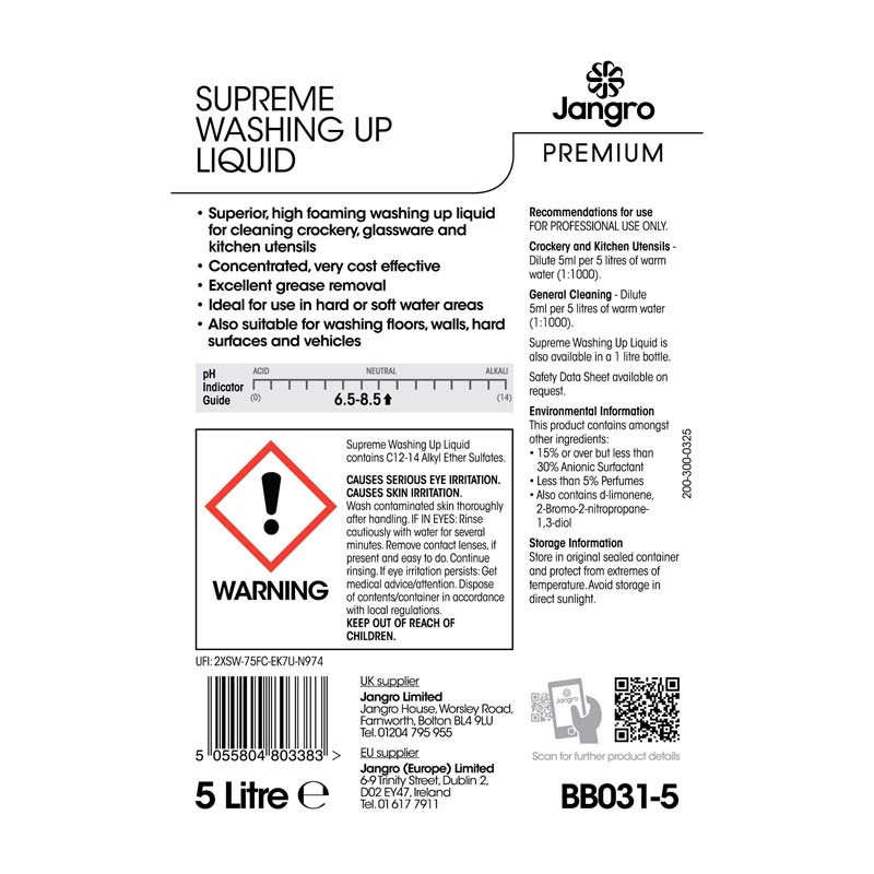 jangro premium supreme washing up liquid 5l bottle label back