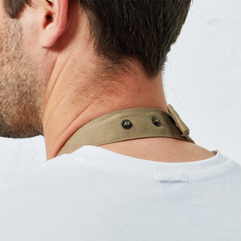 khaki pop snap barber apron pr132 neck close up