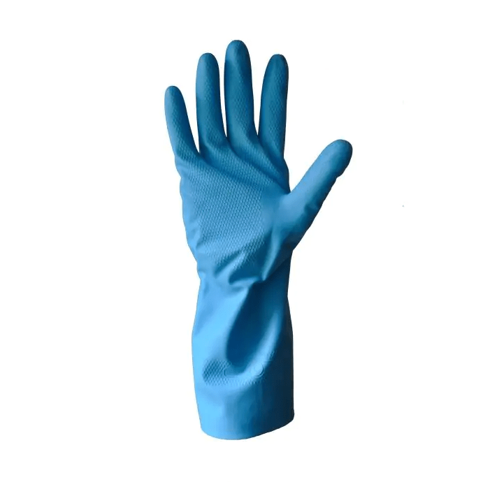 a blue pair of polyco pura nitrile flocklined gloves
