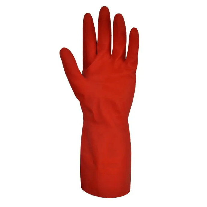 a red pair of polyco pura nitrile flocklined gloves