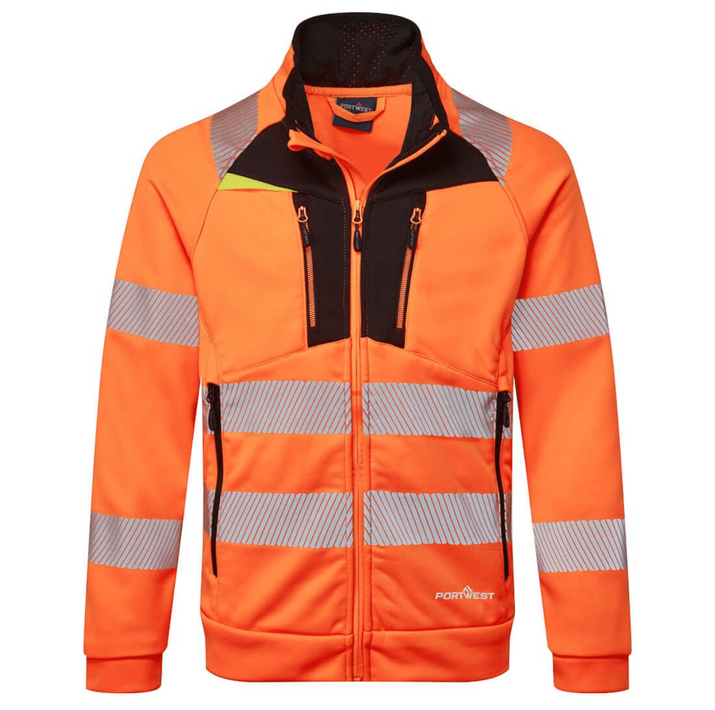 DX477 DX4 Hi-Vis Funnel Neck Zipped Sweatshirt in Orange/Black, featuring a high-visibility design, zipped funnel neck, and durable fabric for comfort and safety in work environments.