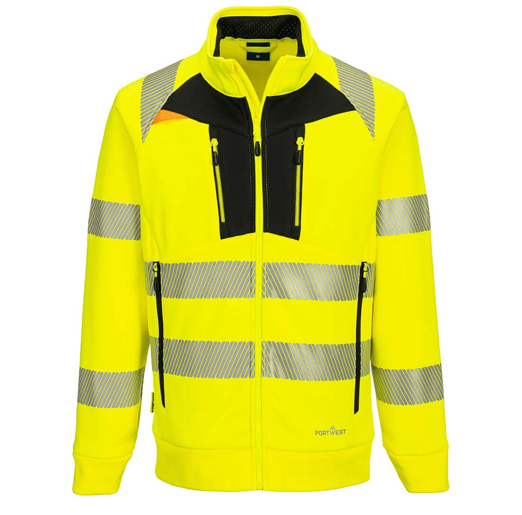 DX477 DX4 Hi-Vis Funnel Neck Zipped Sweatshirt in Orange/Black, featuring a high-visibility design, zipped funnel neck, and durable fabric for comfort and safety in work environments.