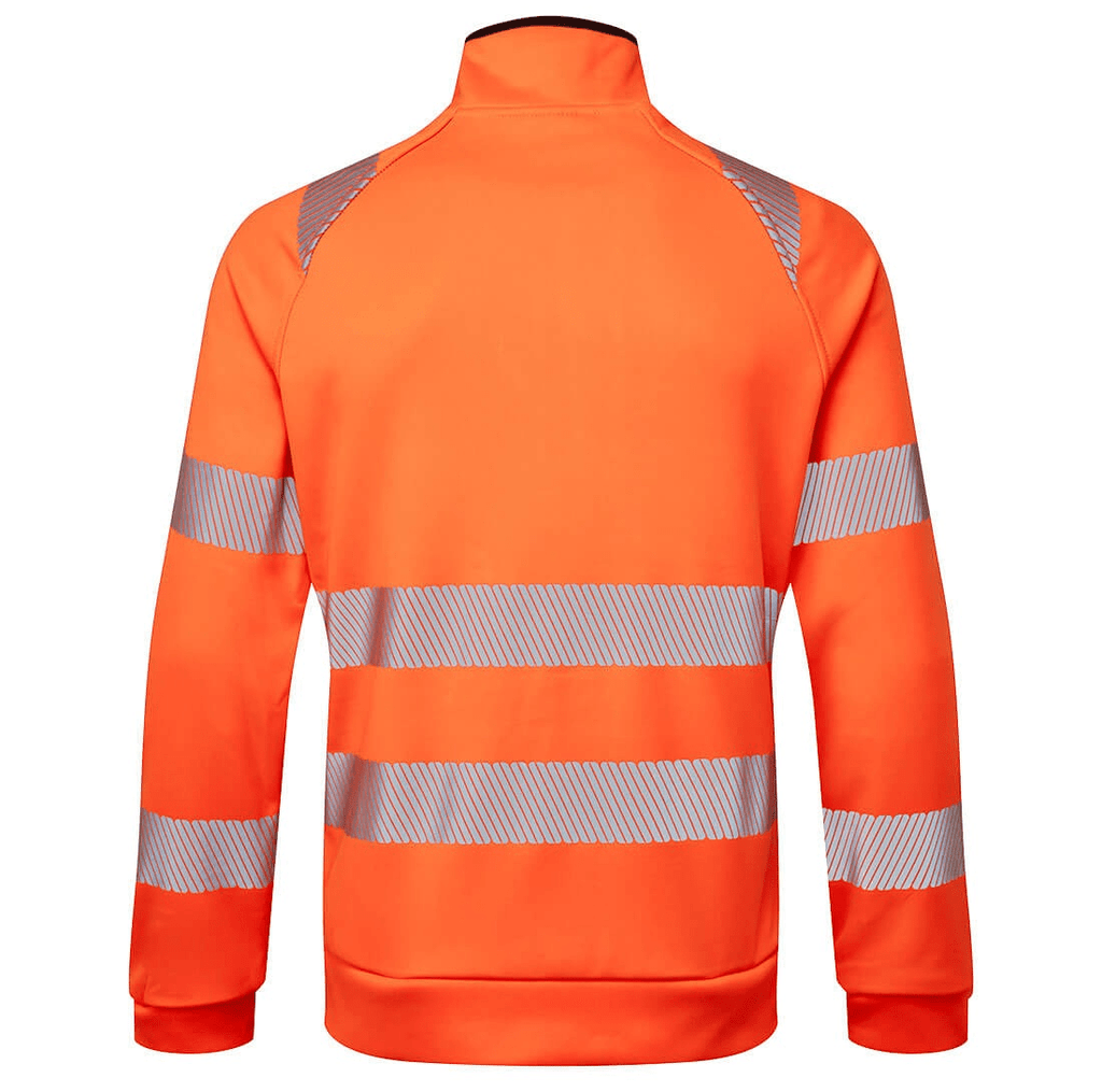 DX477 DX4 Hi-Vis Funnel Neck Zipped Sweatshirt in Orange/Black, featuring a high-visibility design, zipped funnel neck, and durable fabric for comfort and safety in work environments.