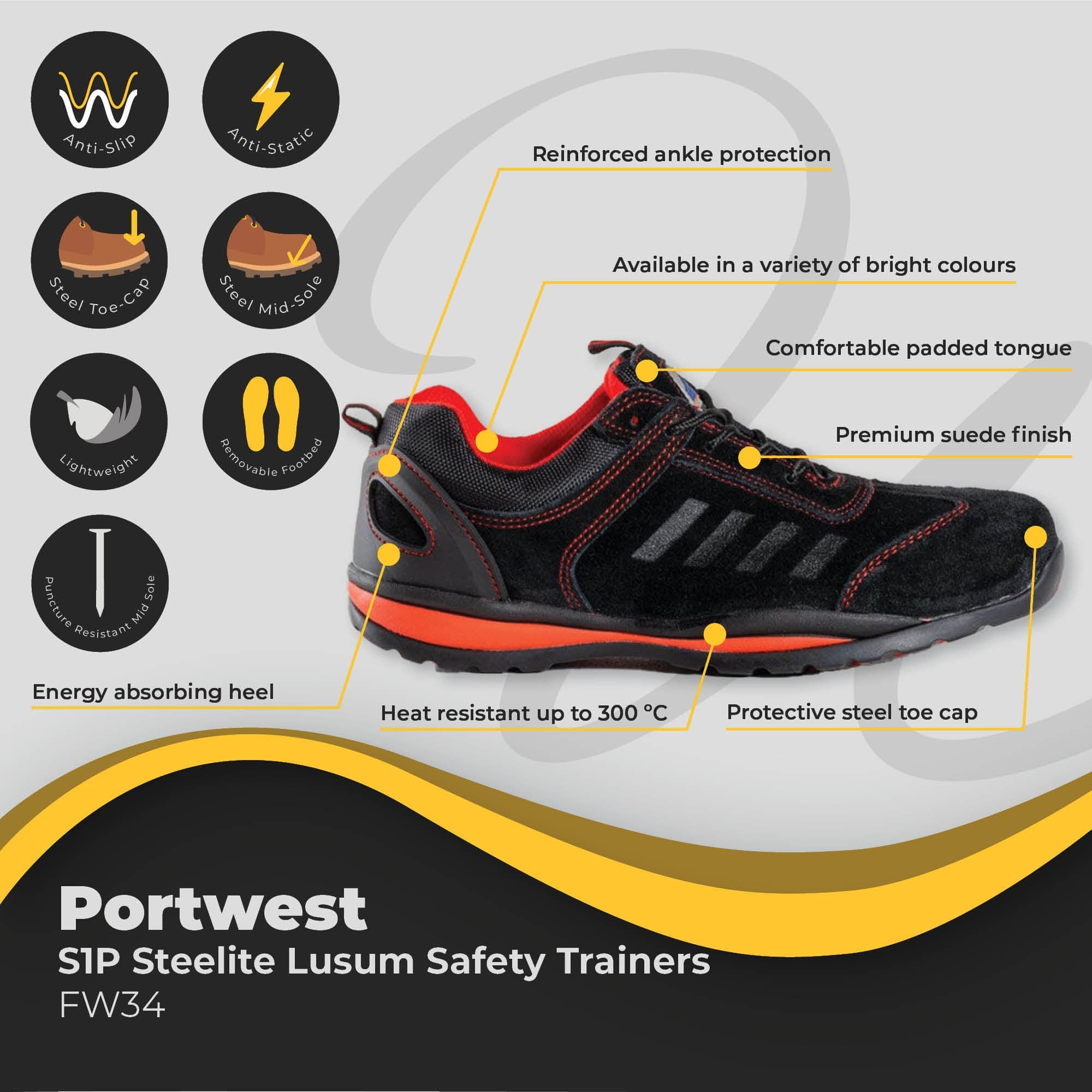 Scarpe Antinfortunistiche Portwest Lusum S1P HRO - Pelle Scamosciata, Suola F15 SRC, Resistenti Al Calore, Taglia 43