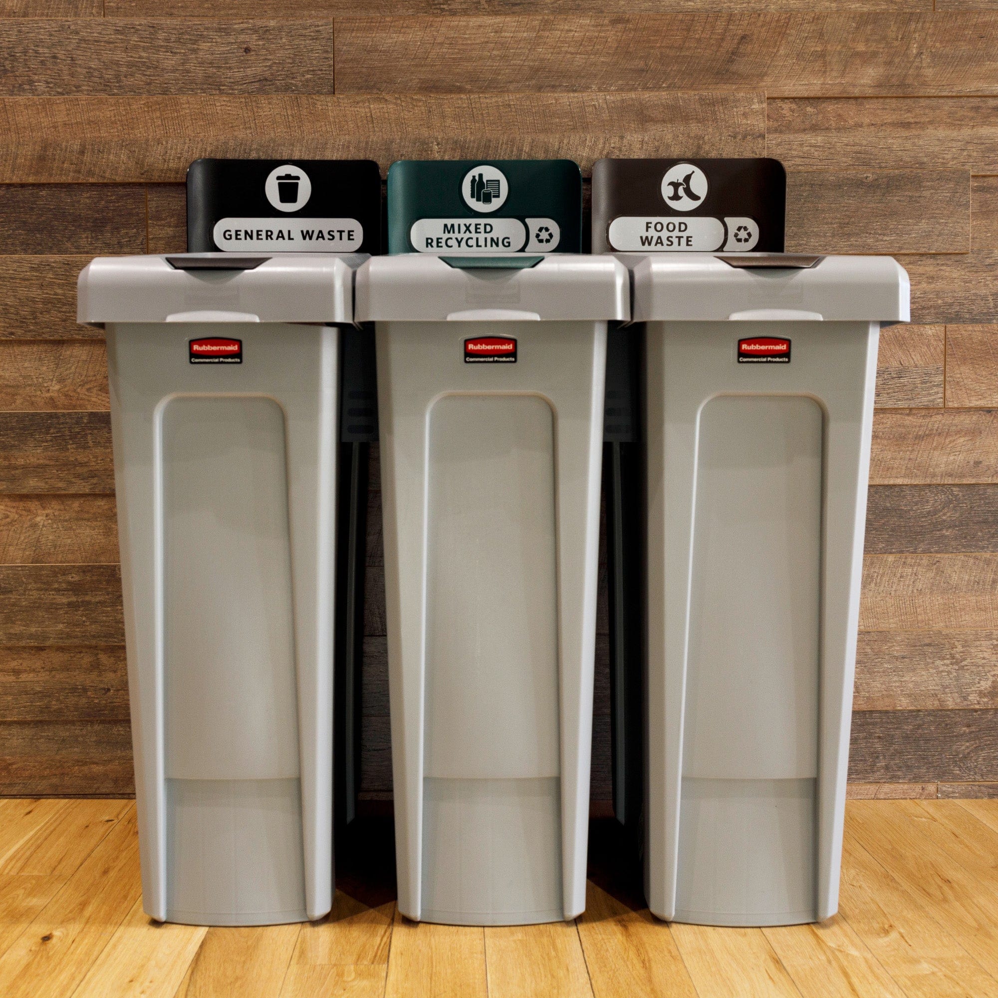 rubbermaid recycling station waste seperation front facing