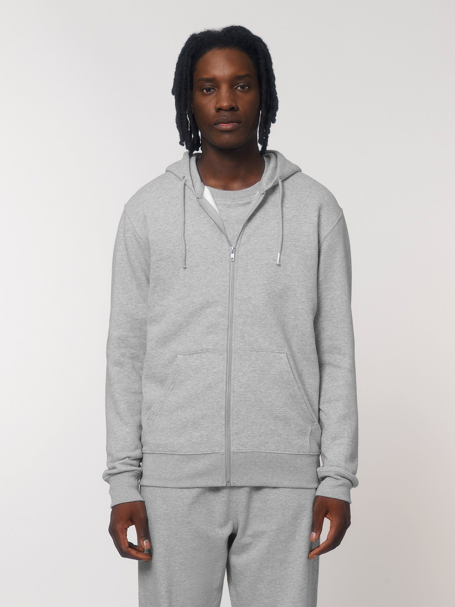 stanley stella organic zip up hoodie stsm566 portrait heather grey model