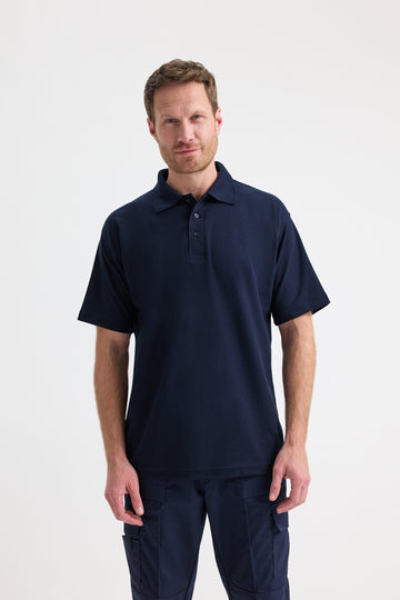Man wearing a navy blue polo shirt and pants on a white background