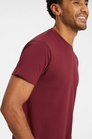 Man wearing a maroon t-shirt against a white background