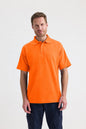 Man wearing an orange polo shirt against a white background