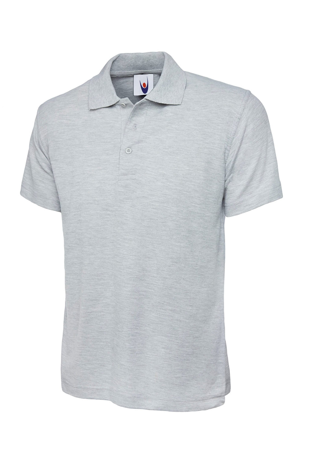 Grey polo shirt with a brand logo on a white background