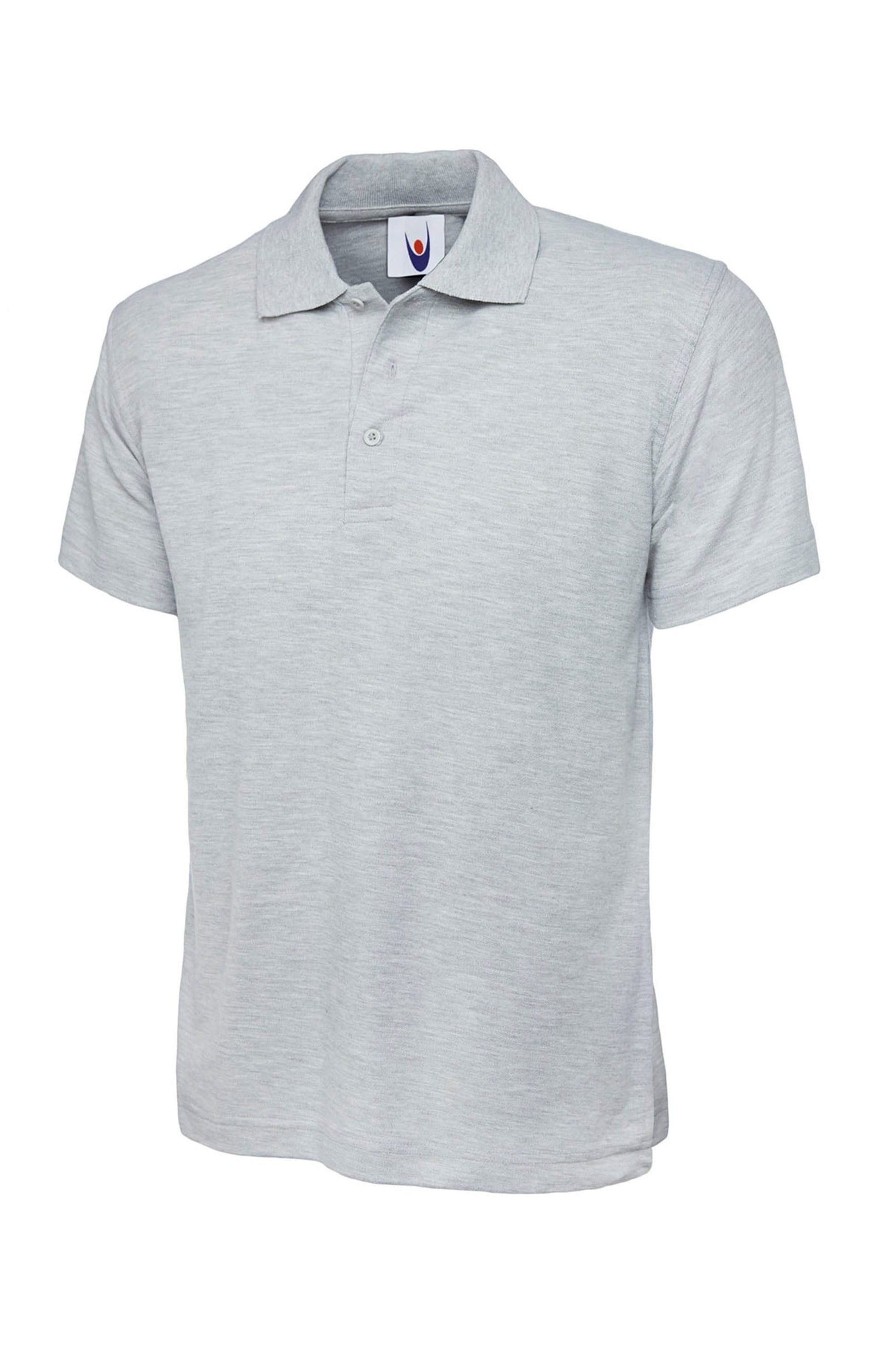 Grey polo shirt with a brand logo on a white background