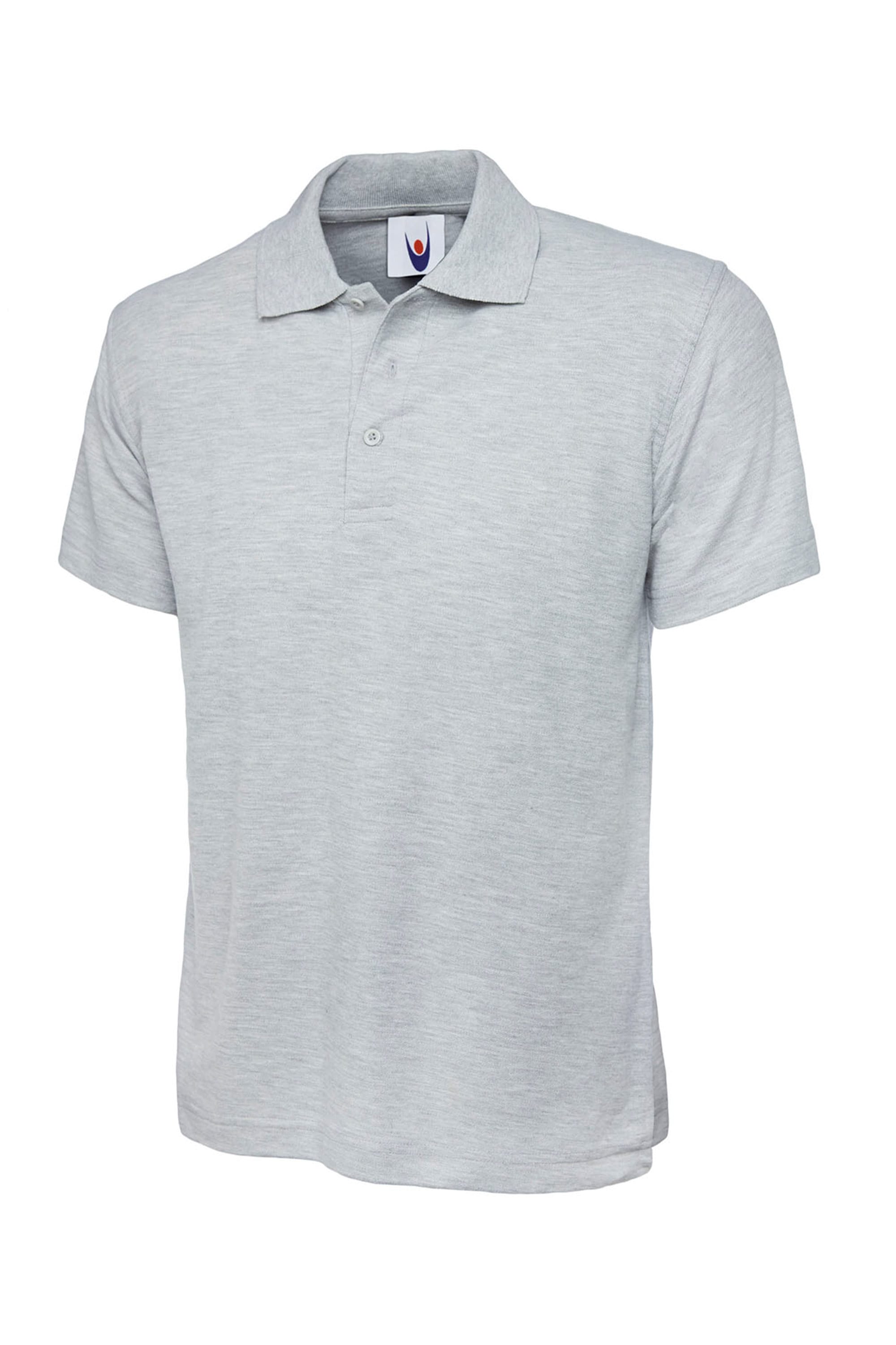 Grey polo shirt with a brand logo on a white background