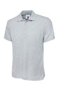 Grey polo shirt with a brand logo on a white background