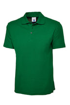 Green polo shirt with a brand label on a white background