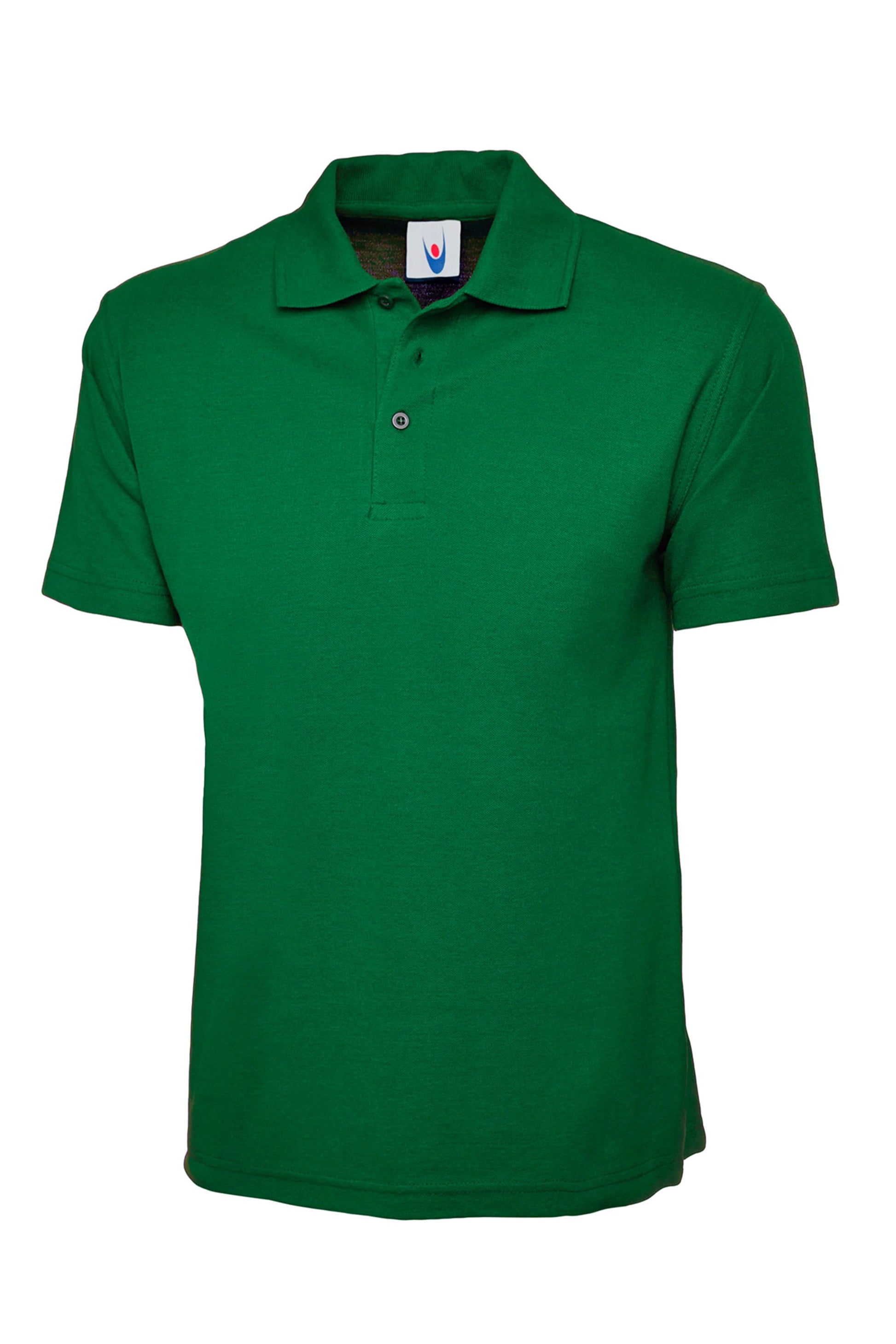 Green polo shirt with a brand label on a white background
