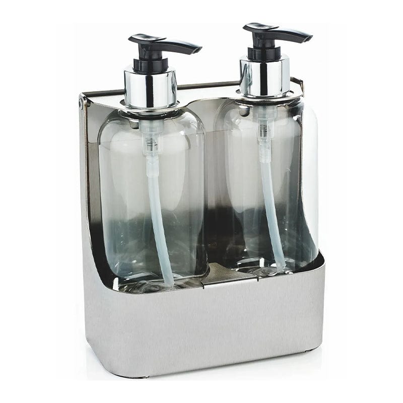 brushed stainless steel twin soap bottle holder