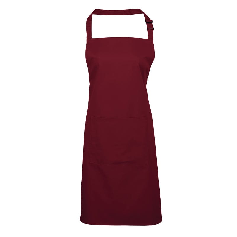 burgundy bib apron with pocket