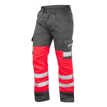 Leo Workwear Bideford Cargo Red/Grey Hi-Vis Trousers