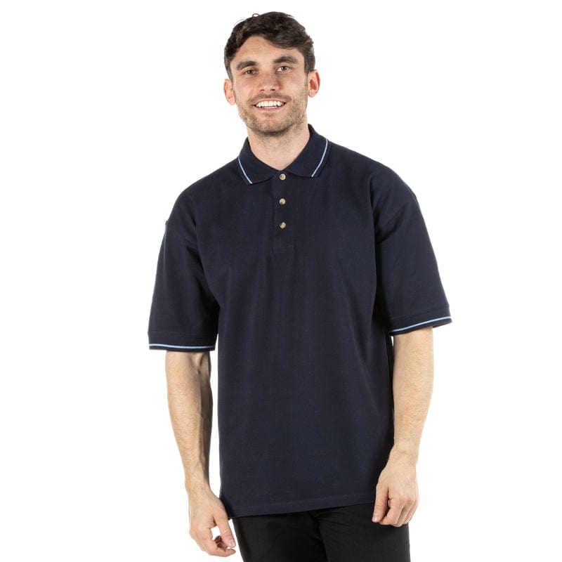 navy light blue contrast stripes polo