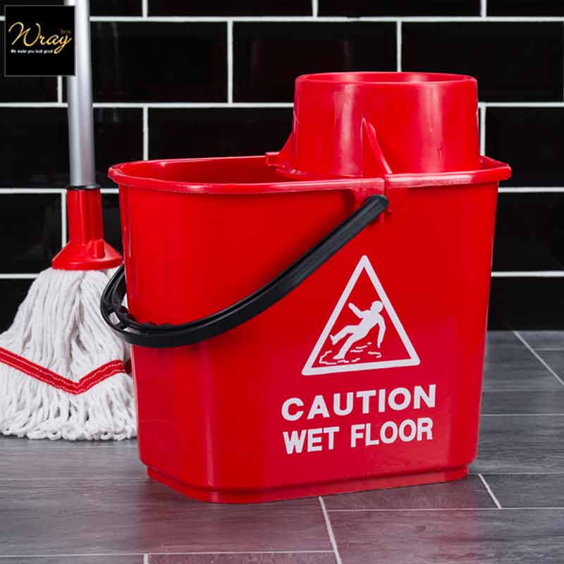 red caution wet floor bucket