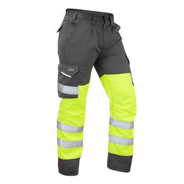 Leo Workwear Bideford Cargo Yellow/Grey Hi-Vis Trousers